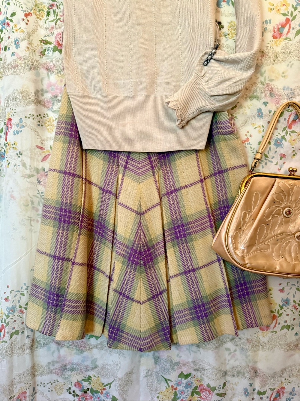 Vintage 1950s Plaid Pleated Midi Skirt Small - Picture 4 of 14